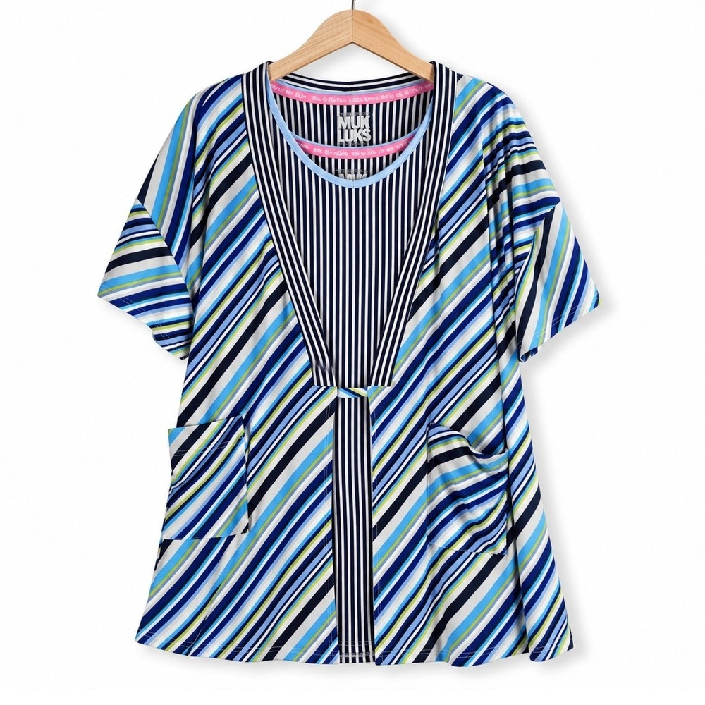 MUK LUKS Womens XL Navy Stripe Silky Knit Short Sleeve Chemise Wrap A685269